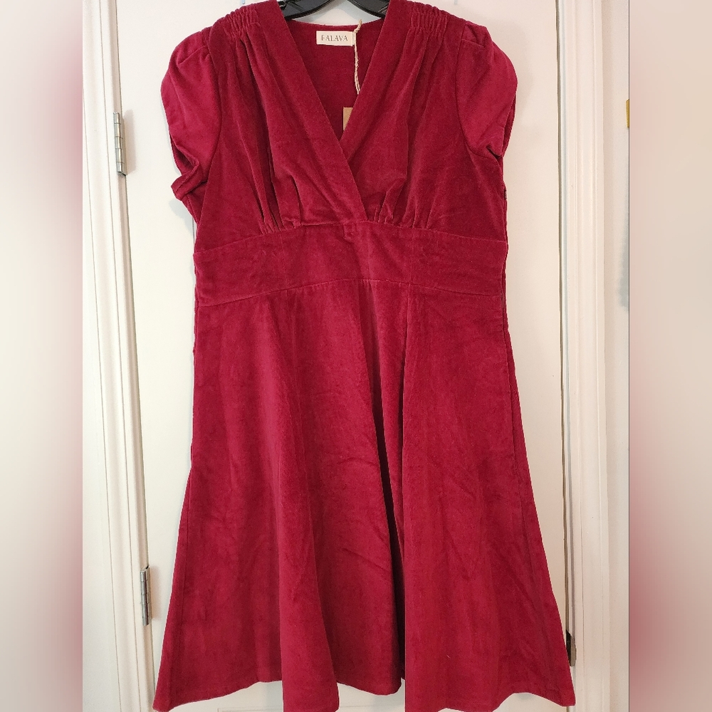Palava Rita Claret Cotton Velvet Dress Cap Sleeve Ruched NWT UK Sz 22/US 18